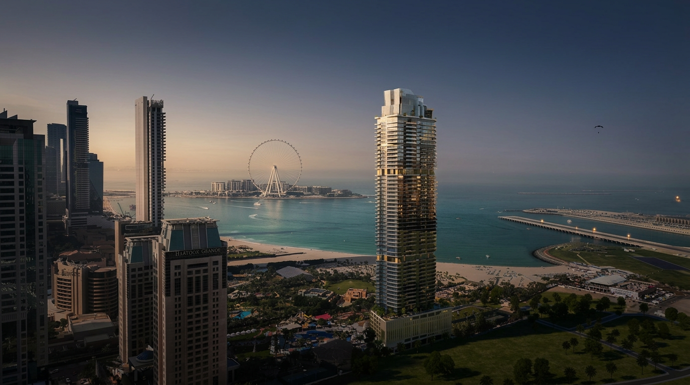 Al Habtoor Residences Grande — waterfront tower at dusk with Ain Dubai