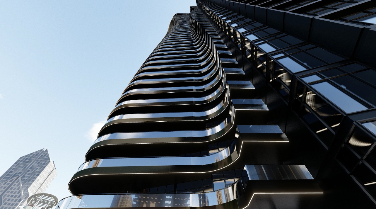 The Black Tower Residences illuminated at night