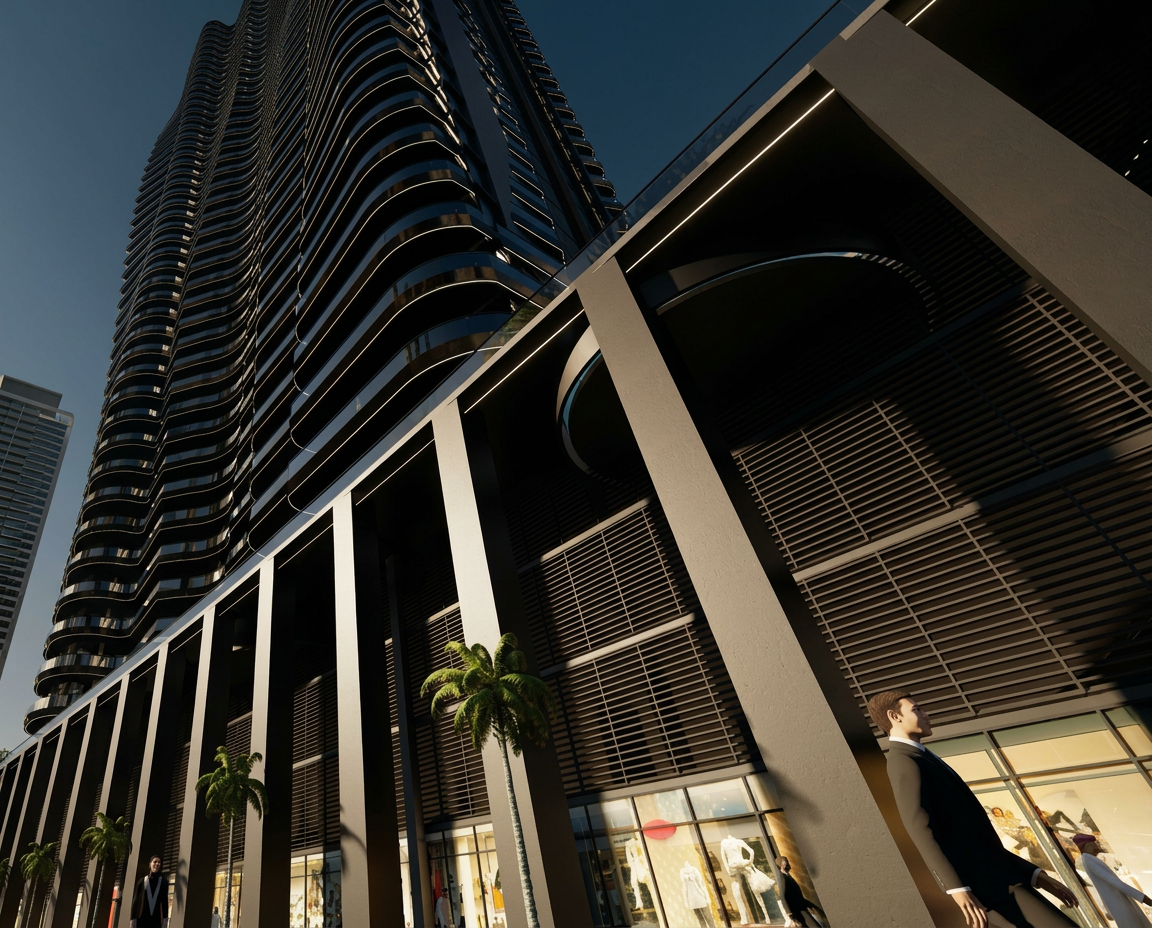 Black Tower — retail podium and tower rising above the boulevard