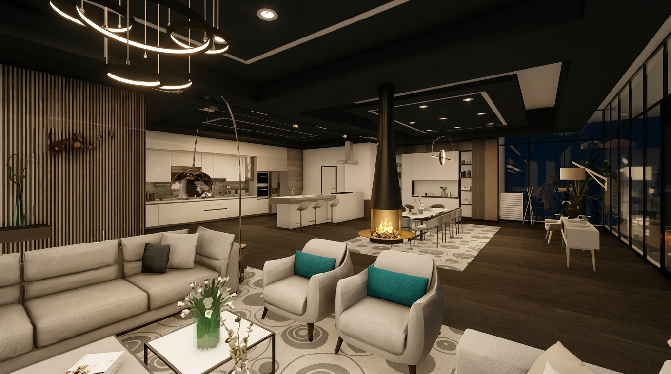 Black Tower — open-plan living and dining interior with suspended fireplace