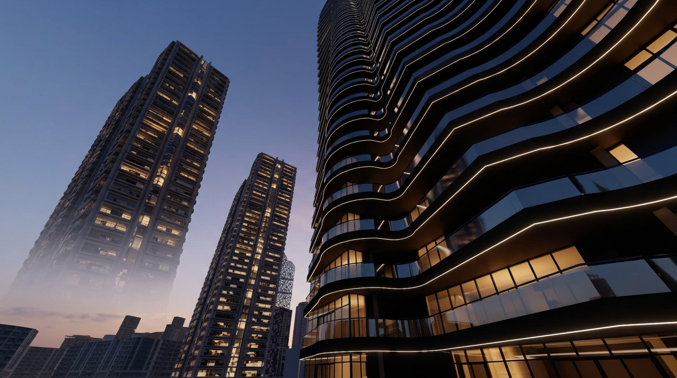 Black Tower — sculptural black facade with illuminated balcony lines